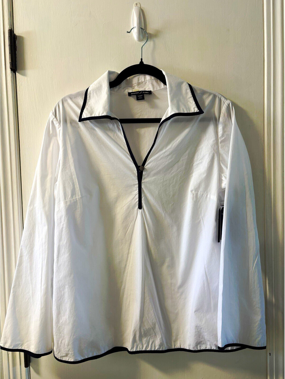 Nautica Jeans Women’s S White Black Trim Solid L/S Spread Collar Button-Up Shirt